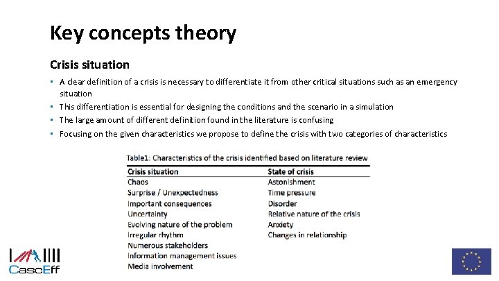Key concepts theory Crisis situation • A clear definition of a crisis is necessary