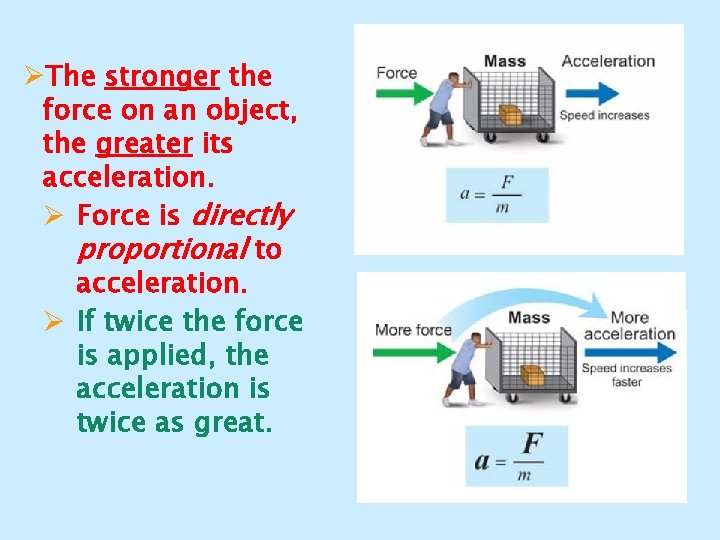 ØThe stronger the force on an object, the greater its acceleration. Ø Force is