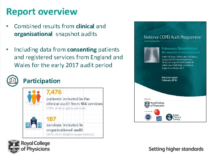 Report overview • Combined results from clinical and organisational snapshot audits • Including data