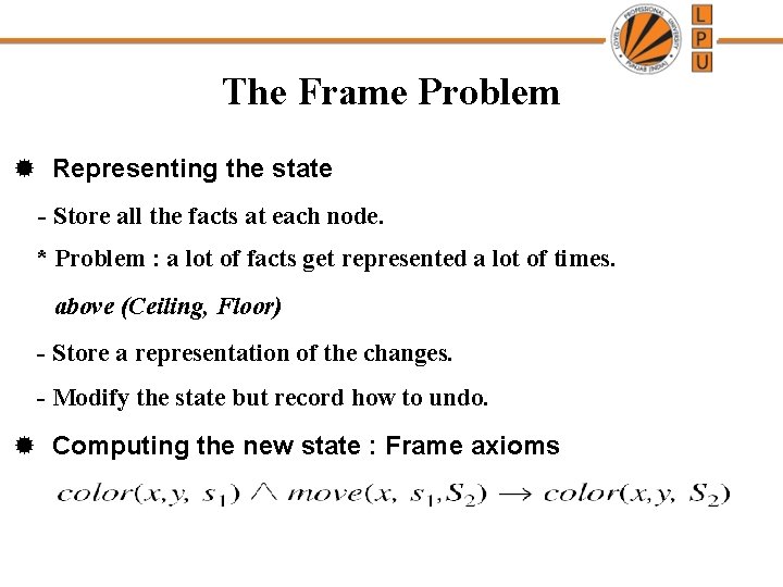 The Frame Problem ® Representing the state - Store all the facts at each