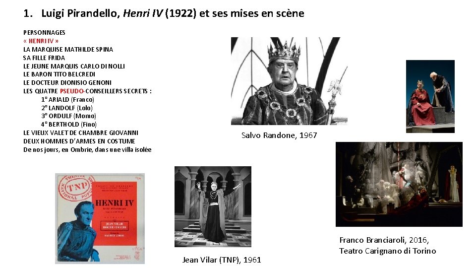 1. Luigi Pirandello, Henri IV (1922) et ses mises en scène PERSONNAGES « HENRI