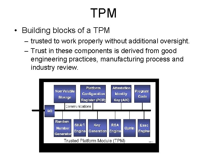 TPM • Building blocks of a TPM – trusted to work properly without additional