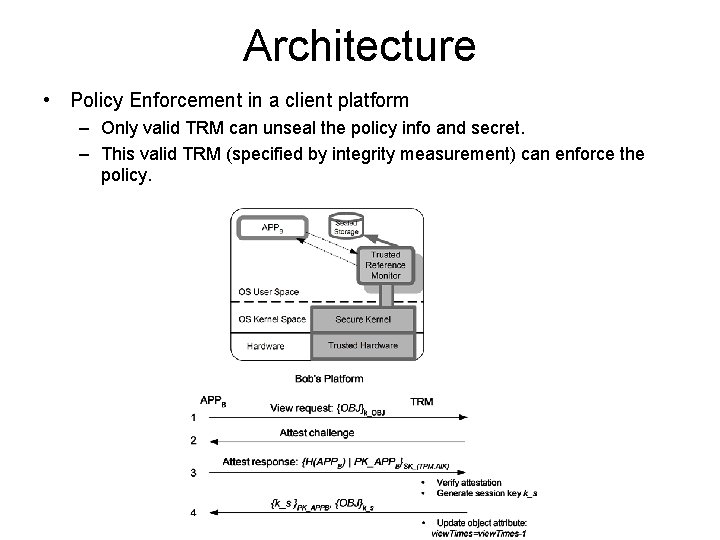 Architecture • Policy Enforcement in a client platform – Only valid TRM can unseal