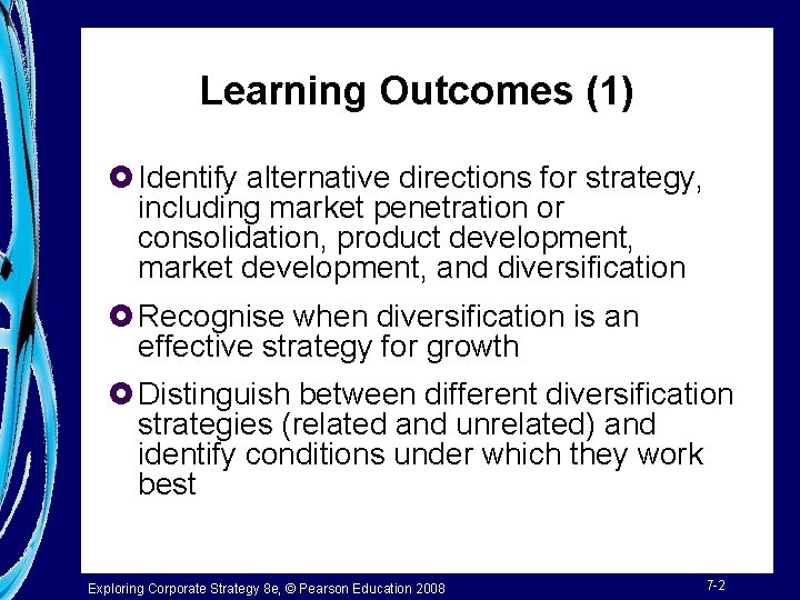 Learning Outcomes (1) £ Identify alternative directions for strategy, including market penetration or consolidation,