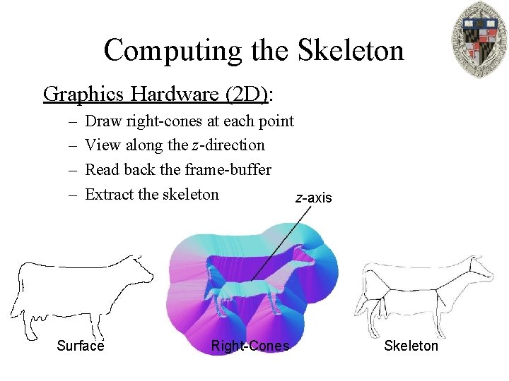 Computing the Skeleton Graphics Hardware (2 D): – – Draw right-cones at each point