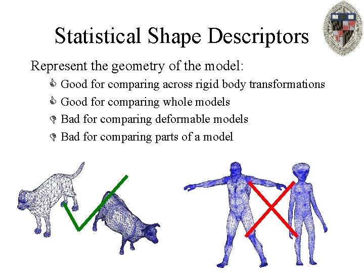 Statistical Shape Descriptors Represent the geometry of the model: C Good for comparing across