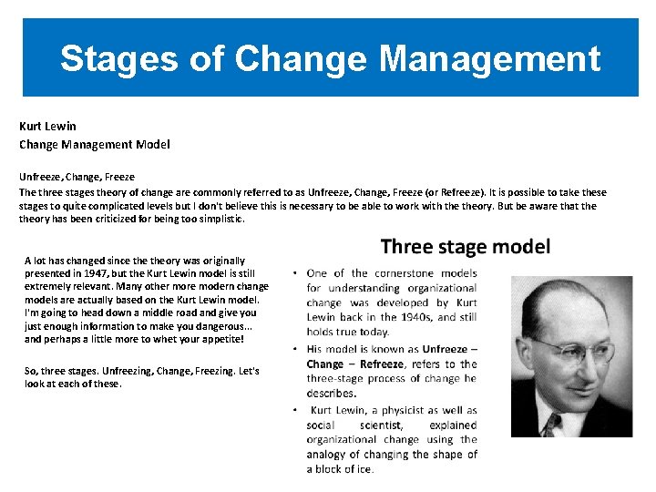 Stages of Change Management Kurt Lewin Change Management Model Unfreeze, Change, Freeze The three