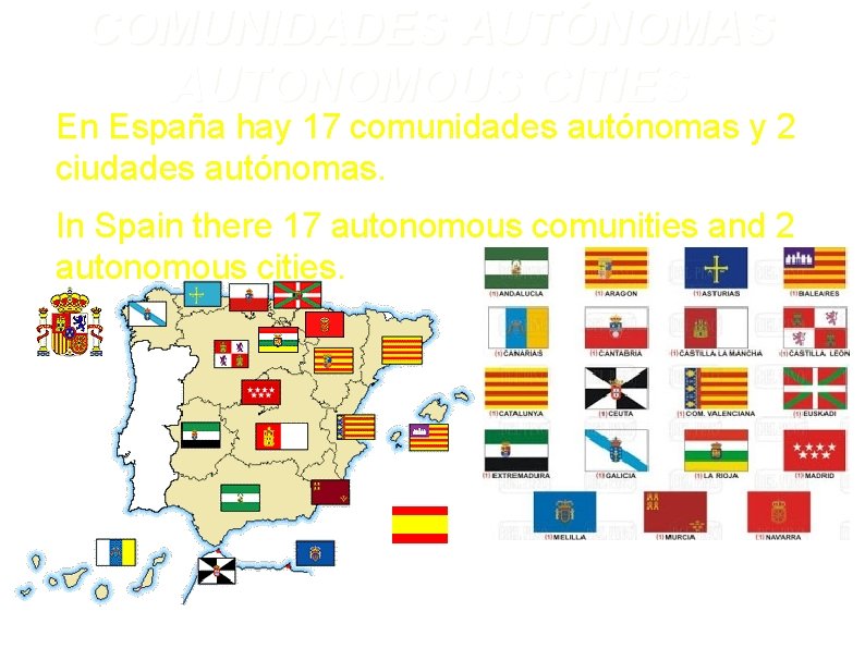 COMUNIDADES AUTÓNOMAS AUTONOMOUS CITIES En España hay 17 comunidades autónomas y 2 ciudades autónomas.