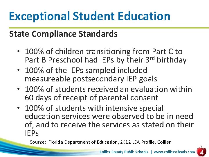 Exceptional Student Education State Compliance Standards • 100% of children transitioning from Part C