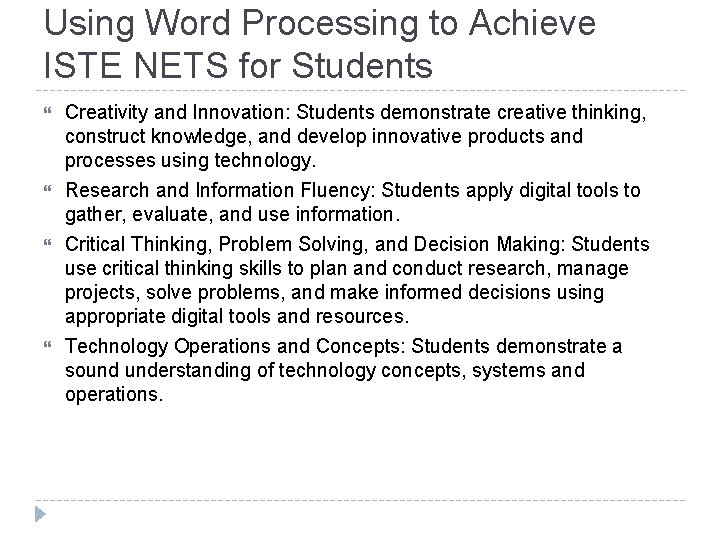 Using Word Processing to Achieve ISTE NETS for Students Creativity and Innovation: Students demonstrate