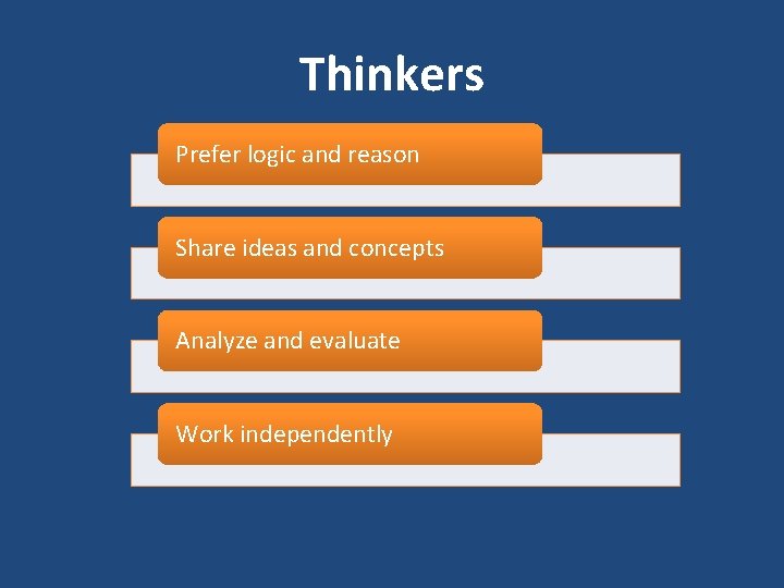 Thinkers Prefer logic and reason Share ideas and concepts Analyze and evaluate Work independently