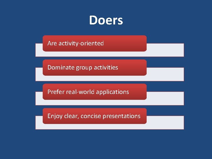 Doers Are activity-oriented Dominate group activities Prefer real-world applications Enjoy clear, concise presentations 