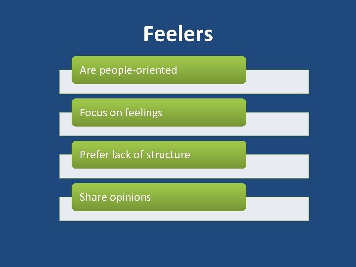 Feelers Are people-oriented Focus on feelings Prefer lack of structure Share opinions 