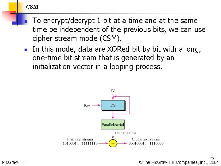 CSM n n Mc. Graw-Hill To encrypt/decrypt 1 bit at a time and at