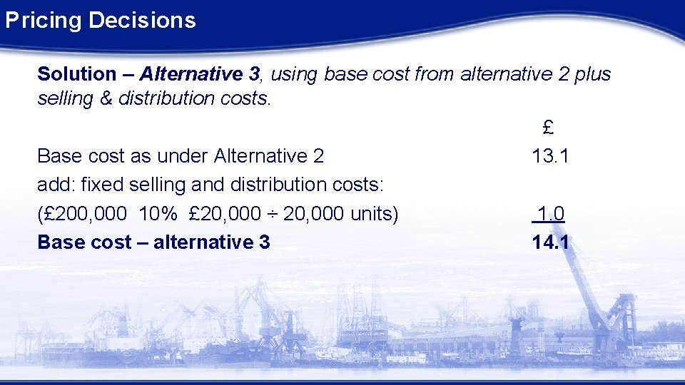 Pricing Decisions Solution – Alternative 3, using base cost from alternative 2 plus selling