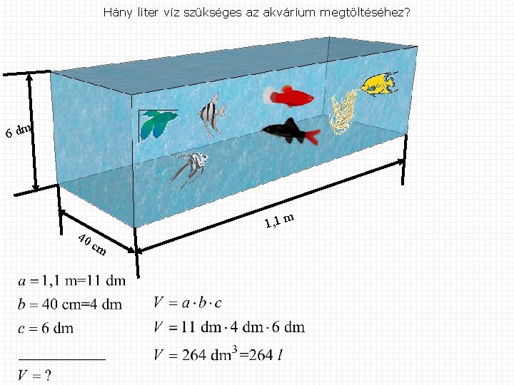 Hány liter víz szükséges az akvárium megtöltéséhez? 6 dm 40 c 1, 1 m