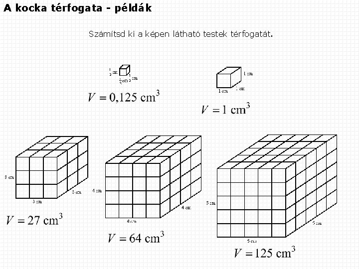 A kocka térfogata - példák Számítsd ki a képen látható testek térfogatát. 