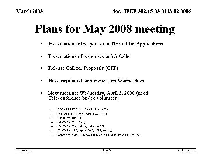 March 2008 doc. : IEEE 802. 15 -08 -0213 -02 -0006 Plans for May