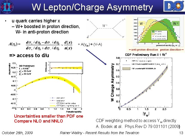 W Lepton/Charge Asymmetry • u quark carries higher x – W+ boosted in proton