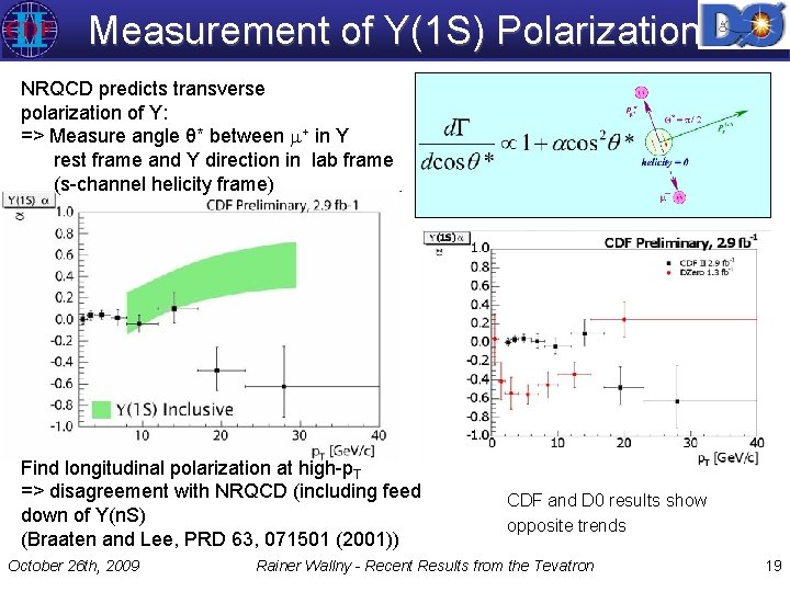 Measurement of Y(1 S) Polarization NRQCD predicts transverse polarization of Y: => Measure angle