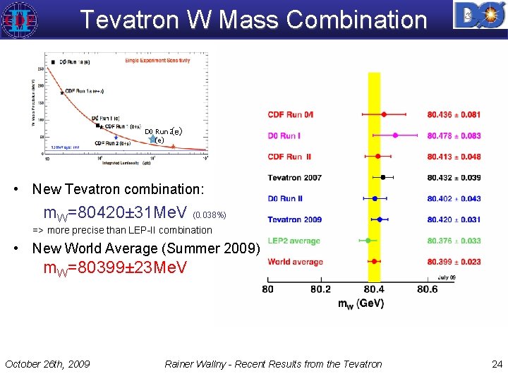 Tevatron W Mass Combination D 0 Run 2(e) • New Tevatron combination: m. W=80420±