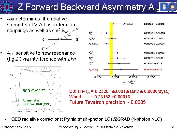 Z Forward Backward Asymmetry Afb • AFB determines the relative strengths of V-A boson-fermion