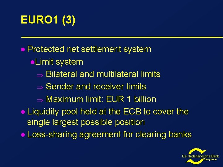 EURO 1 (3) Protected net settlement system l. Limit system Bilateral and multilateral limits EURO 1 (3) Protected net settlement system l. Limit system Bilateral and multilateral limits
