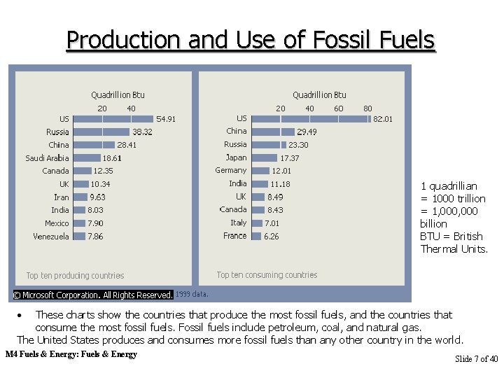 Production and Use of Fossil Fuels 1 quadrillian = 1000 trillion = 1, 000