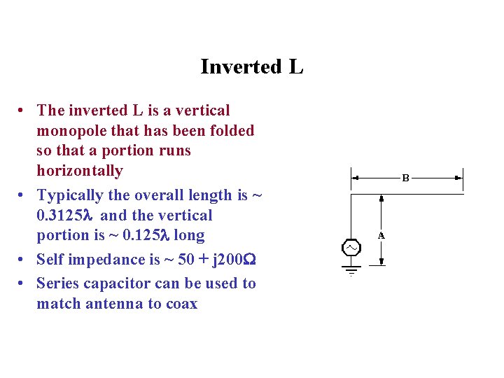 Inverted L • The inverted L is a vertical monopole that has been folded