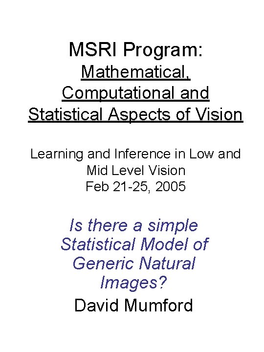 MSRI Program: Mathematical, Computational and Statistical Aspects of Vision Learning and Inference in Low