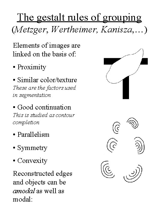 The gestalt rules of grouping (Metzger, Wertheimer, Kanisza, …) Elements of images are linked