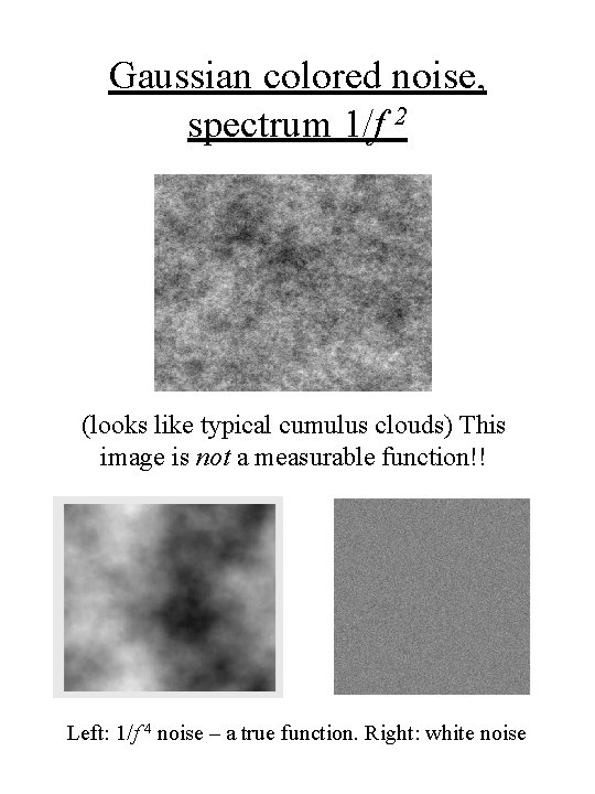 Gaussian colored noise, spectrum 1/f 2 (looks like typical cumulus clouds) This image is