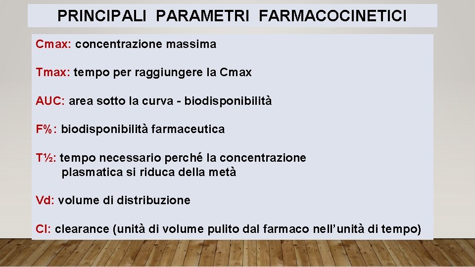 PRINCIPALI PARAMETRI FARMACOCINETICI Cmax: concentrazione massima Tmax: tempo per raggiungere la Cmax AUC: area