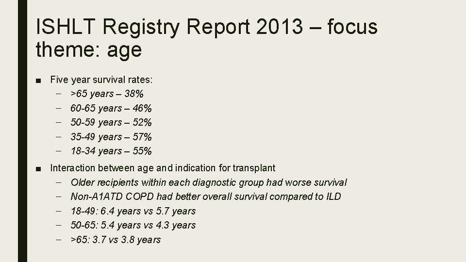 ISHLT Registry Report 2013 – focus theme: age ■ Five year survival rates: –