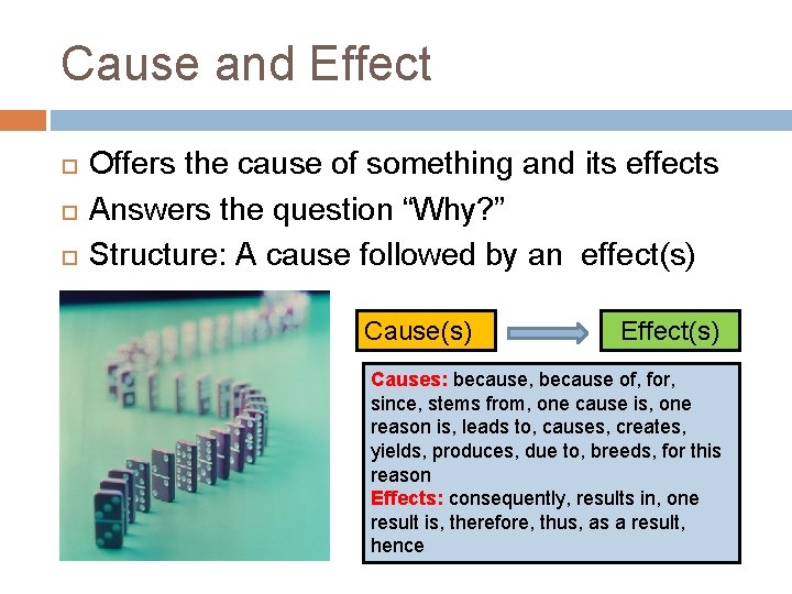 Cause and Effect Offers the cause of something and its effects Answers the question