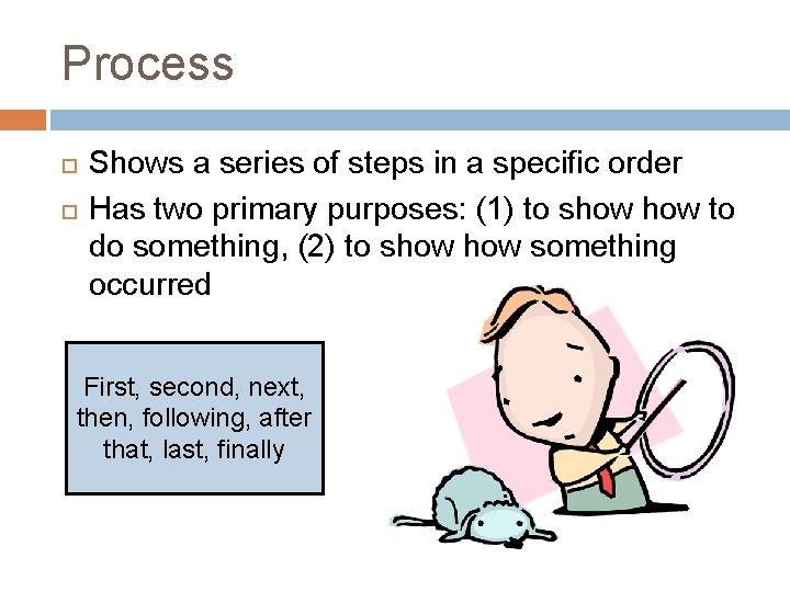 Process Shows a series of steps in a specific order Has two primary purposes: