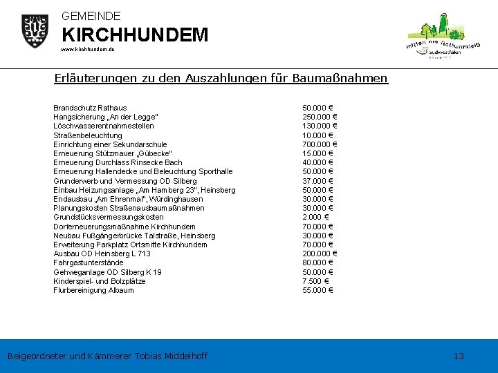 GEMEINDE KIRCHHUNDEM www. kirchhundem. de Erläuterungen zu den Auszahlungen für Baumaßnahmen Brandschutz Rathaus Hangsicherung