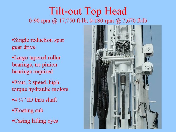 Tilt-out Top Head 0 -90 rpm @ 17, 750 ft-lb, 0 -180 rpm @