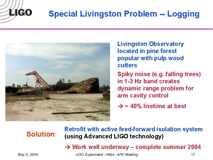 Special Livingston Problem -- Logging Livingston Observatory located in pine forest popular with pulp