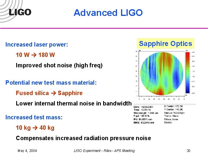 Advanced LIGO Sapphire Optics Increased laser power: 10 W 180 W Improved shot noise