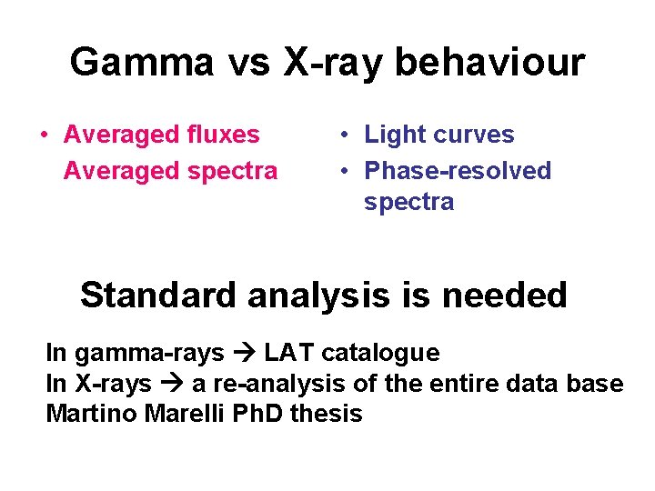 Gamma vs X-ray behaviour • Averaged fluxes Averaged spectra • Light curves • Phase-resolved