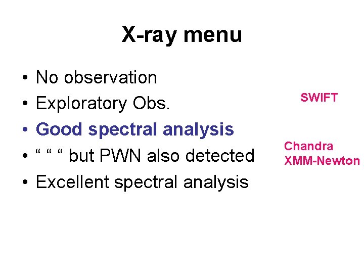 X-ray menu • • • No observation Exploratory Obs. Good spectral analysis “ “