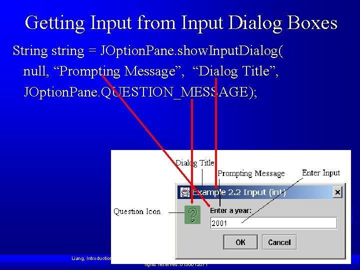 Getting Input from Input Dialog Boxes String string = JOption. Pane. show. Input. Dialog(