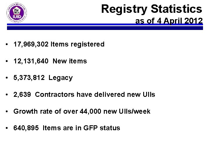 Registry Statistics as of 4 April 2012 • 17, 969, 302 Items registered •