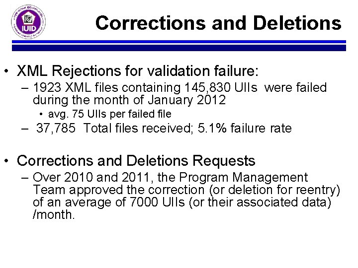 Corrections and Deletions • XML Rejections for validation failure: – 1923 XML files containing