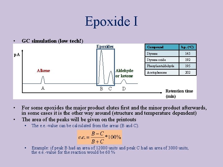 Epoxide I • GC simulation (low tech!) Epoxides Compound p. A Aldehyde or ketone