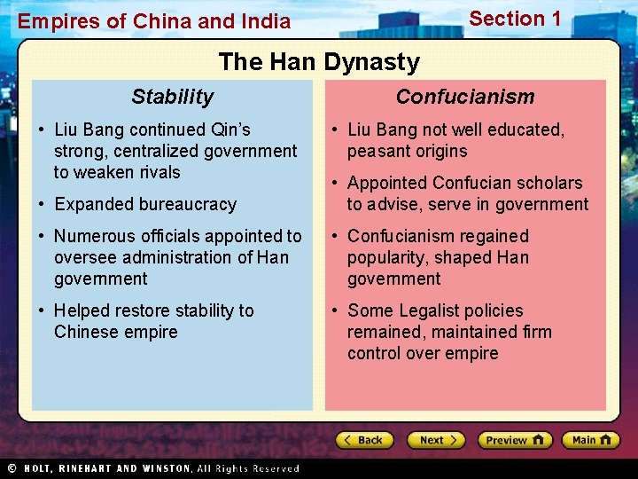 Section 1 Empires of China and India The Han Dynasty Stability • Liu Bang