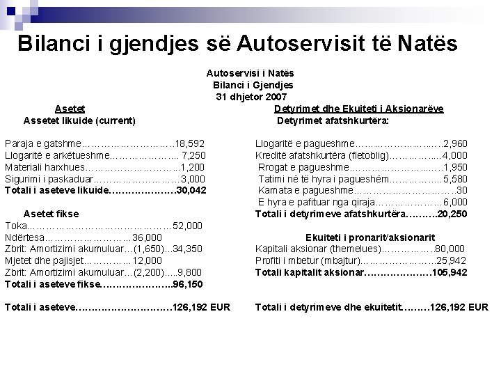 Bilanci i gjendjes së Autoservisit të Natës Asetet Assetet likuide (current) Autoservisi i Natës