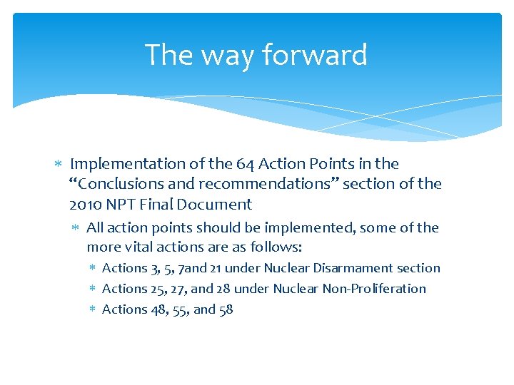 The way forward Implementation of the 64 Action Points in the “Conclusions and recommendations”