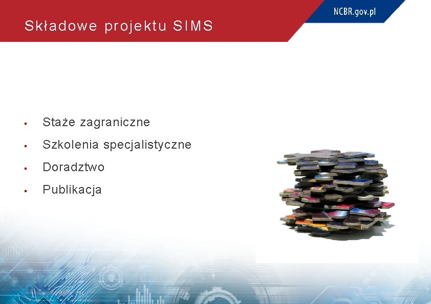 Składowe projektu SIMS § Staże zagraniczne § Szkolenia specjalistyczne § Doradztwo § Publikacja 